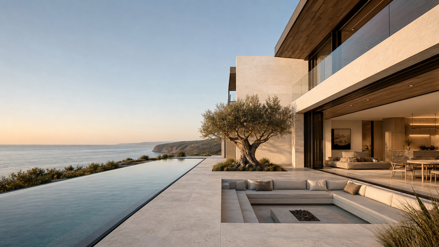 Synthetic coastal villa with an infinity pool at golden hour