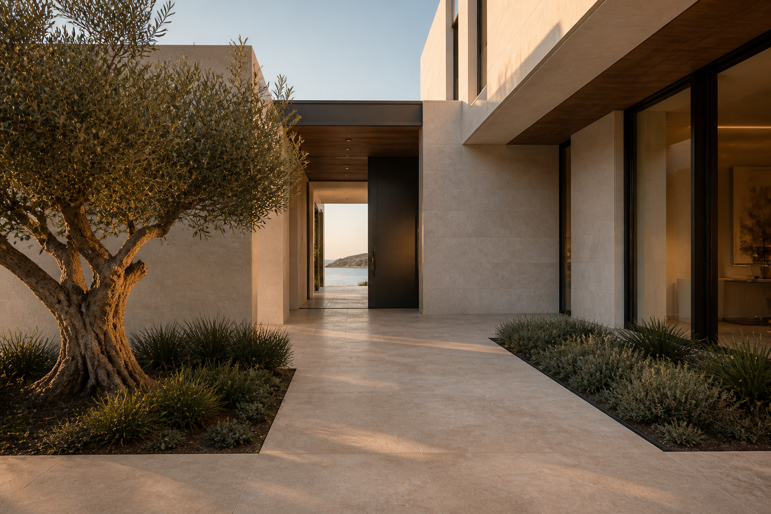 Synthetic arrival courtyard with limestone path and olive tree