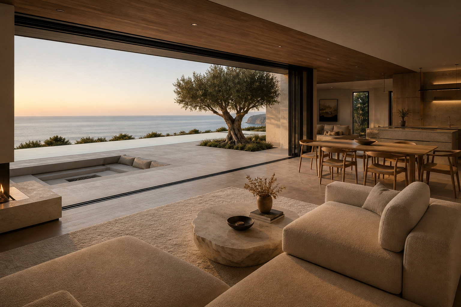 Synthetic ocean-facing great room from the arrival axis