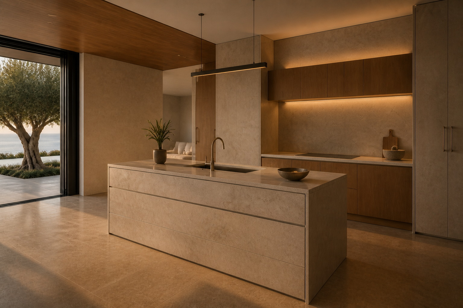 Synthetic smoked-oak and limestone kitchen