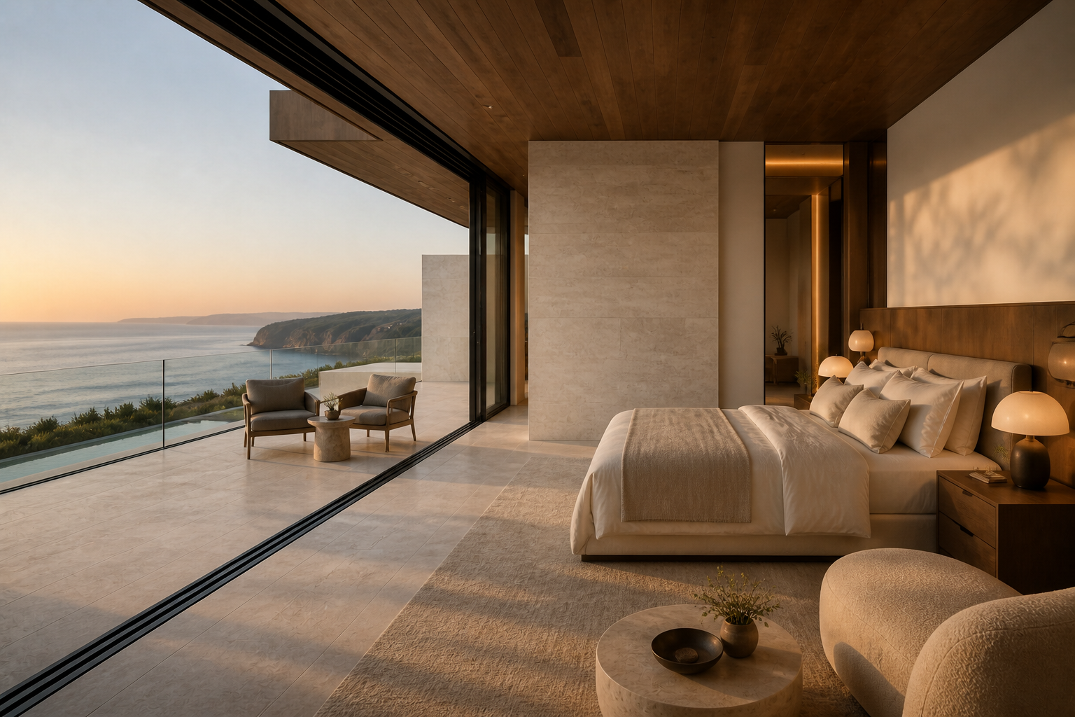 Synthetic primary bedroom opening to an ocean terrace