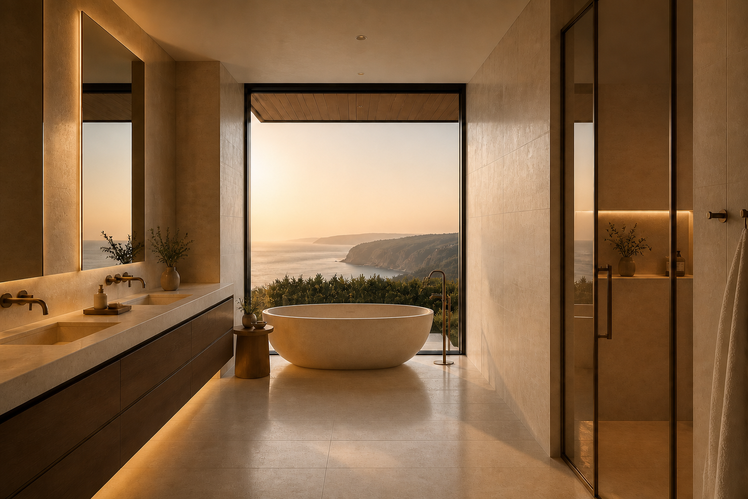 Synthetic travertine primary bathroom