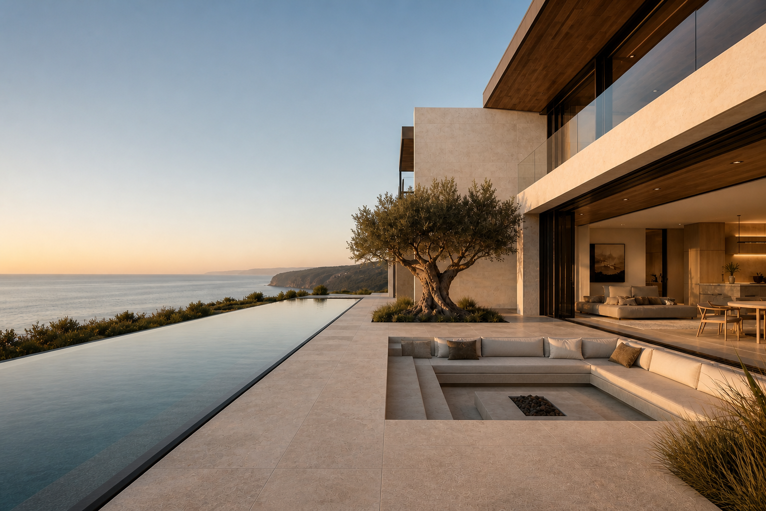 Synthetic infinity-pool terrace and sunken lounge