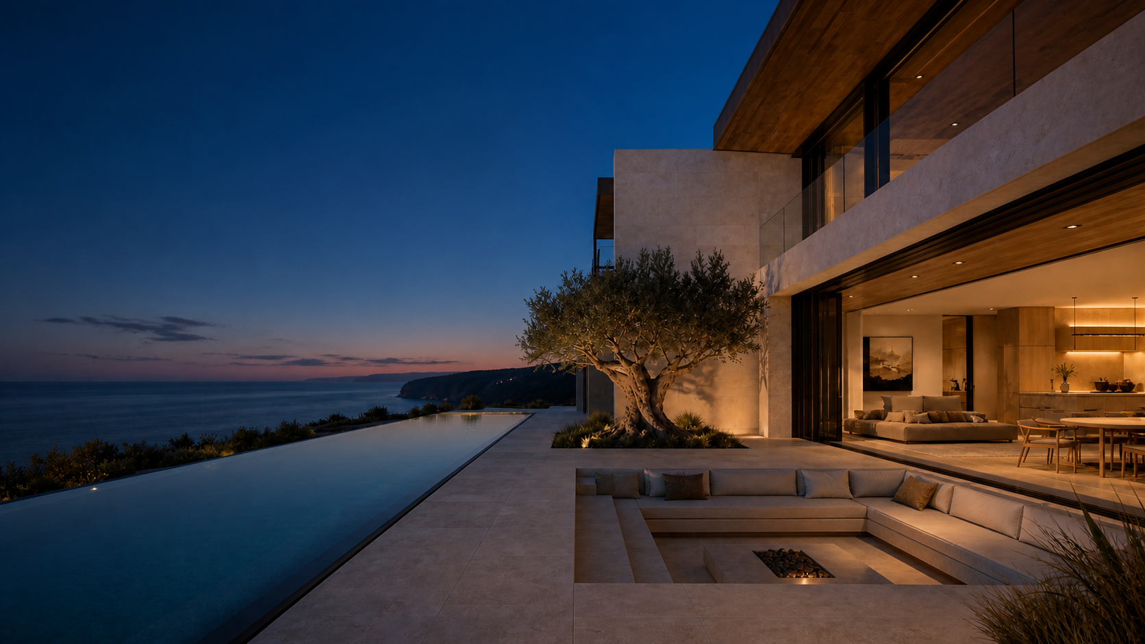 Synthetic Villa Aster Cove exterior at blue hour